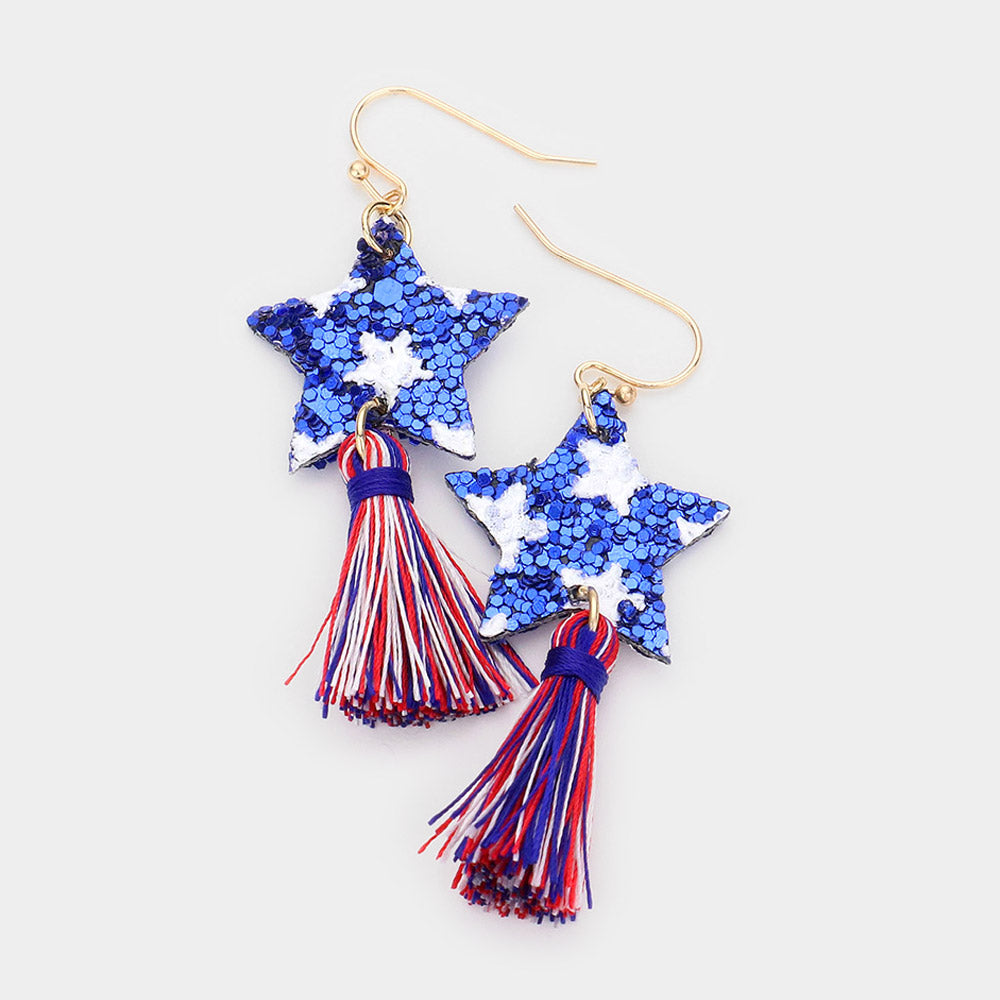 Blue American Star Tassel Earrings