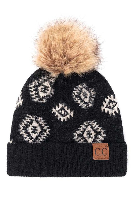 Aztec Pattern CC Beanie with Pom