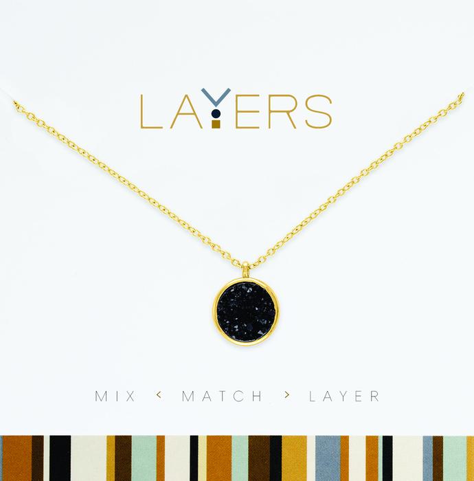 Black Circle Druzy Layers Necklace in Gold