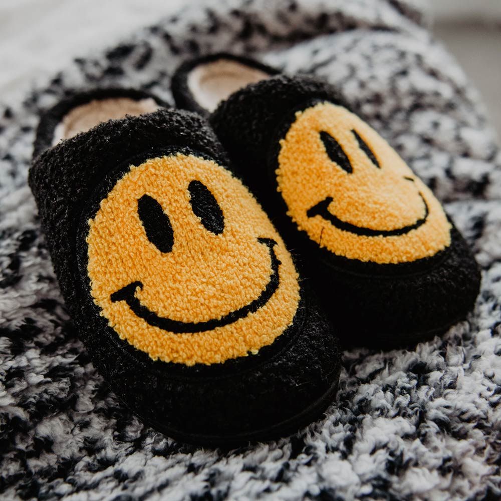 Black Fuzzy Smiley Face Slippers