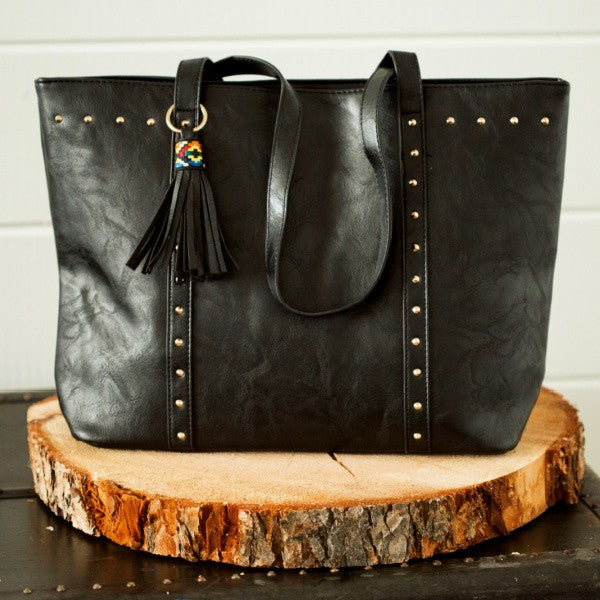 Black Marley Rivet Vegan Leather Tote Handbag