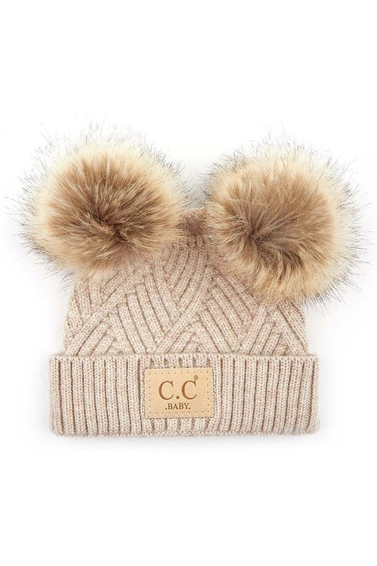 C.C. Baby Beanie with Diagonal Stripes & Pom Poms