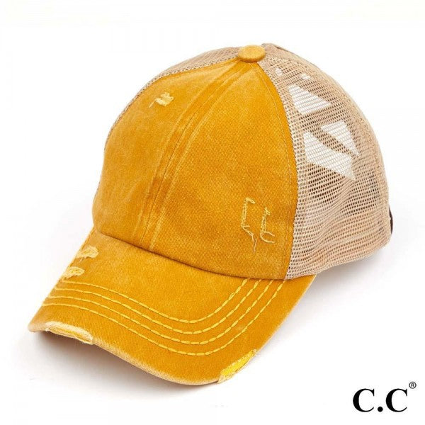 C.C. Distressed Pony Cap with Mesh and Elastic Criss Cross Detail - Mustard