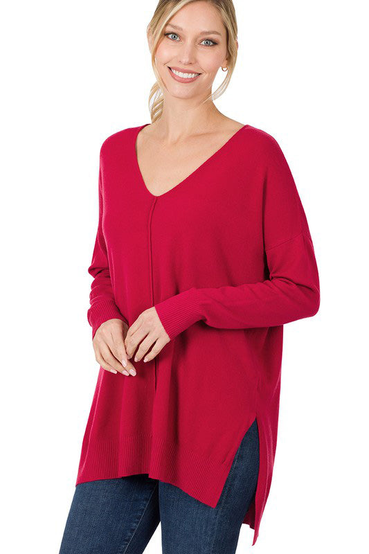 Carefree Days Red Hi-Low Hem Front Seam Sweater