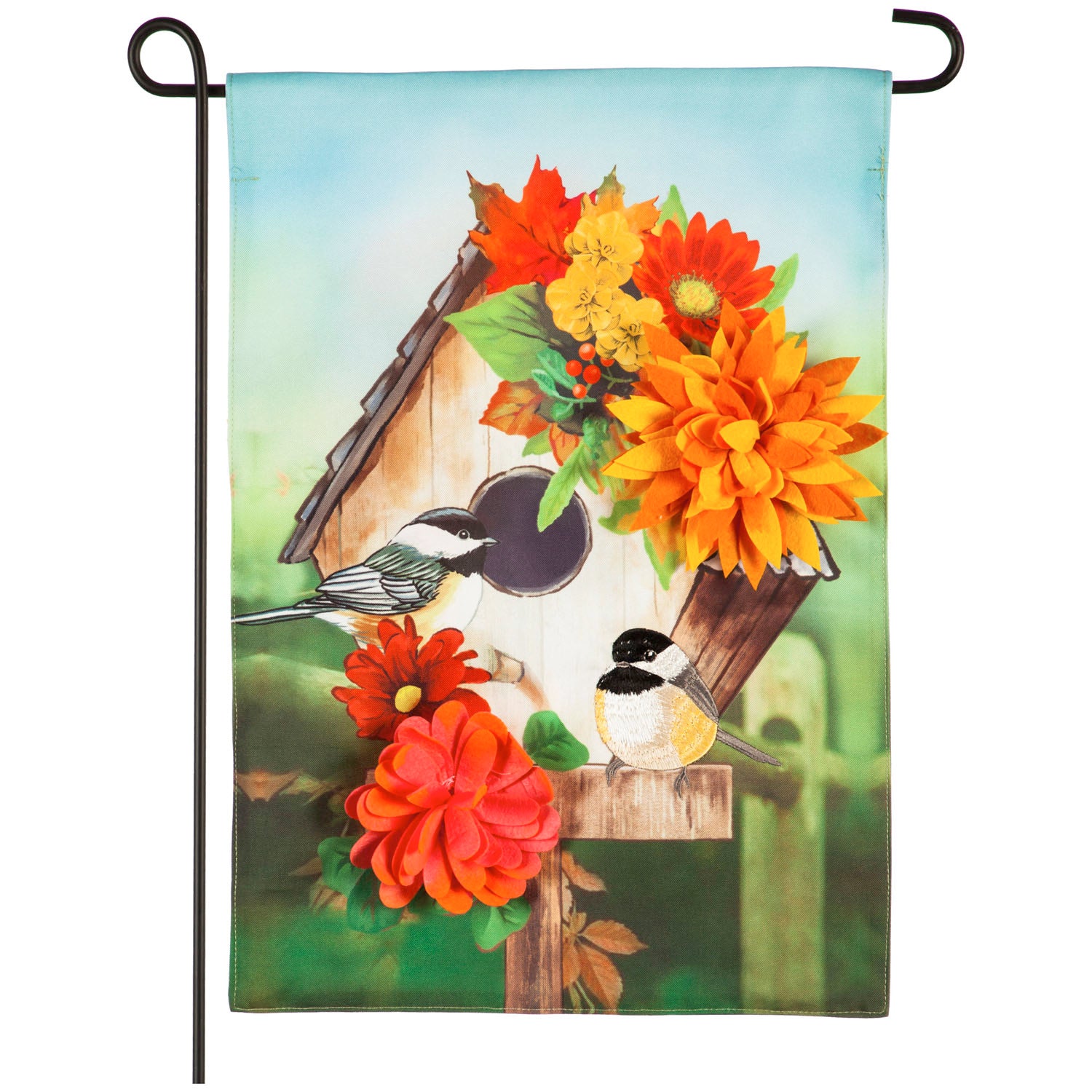 Chickadee Floral Birdhouse Garden Linen Flag