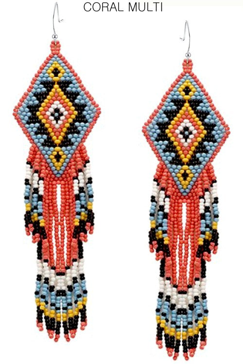 Coral Western Aztec Seed Bead Earrings