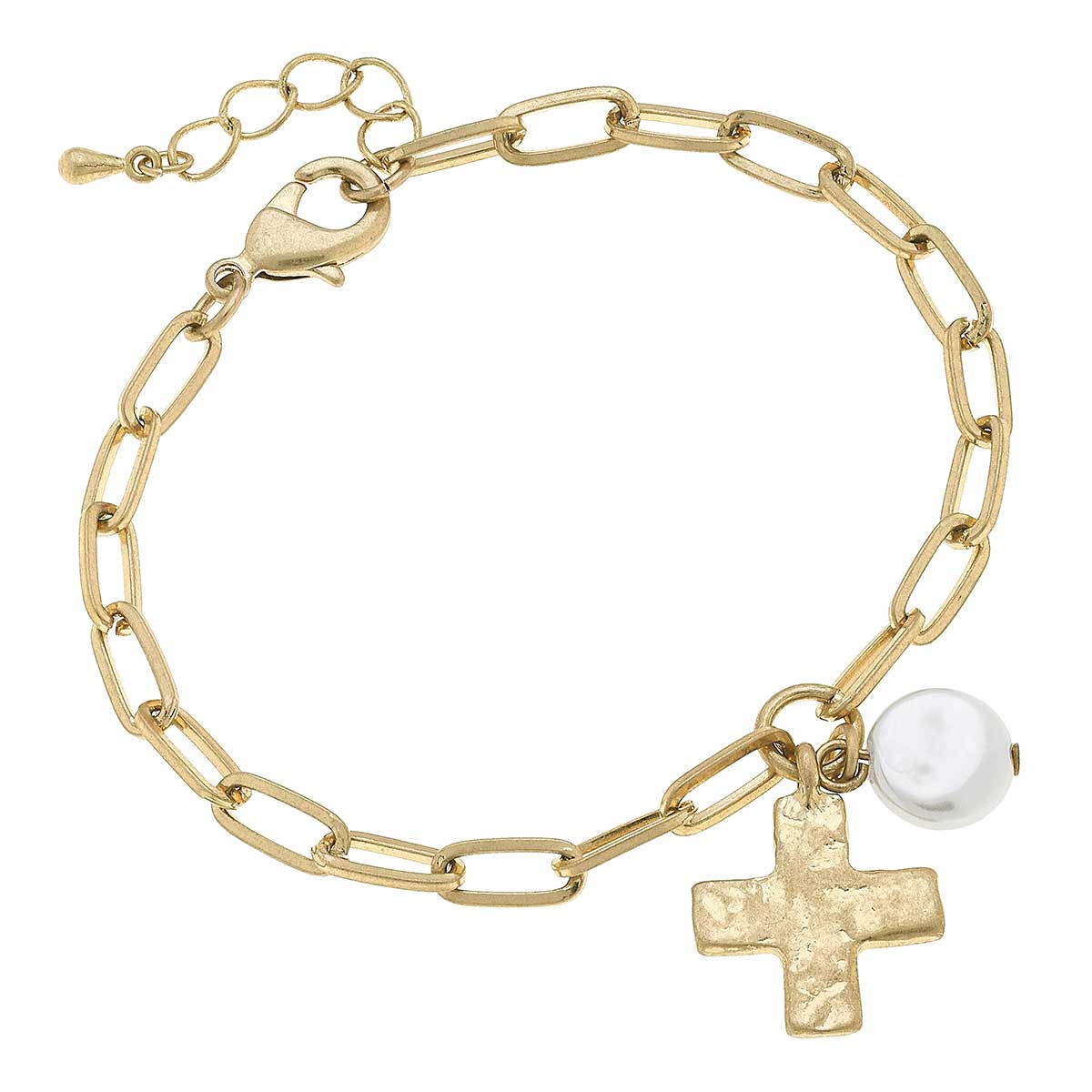 Darcey Paperclip Chain Cross Charm Bracelet in Worn Gold