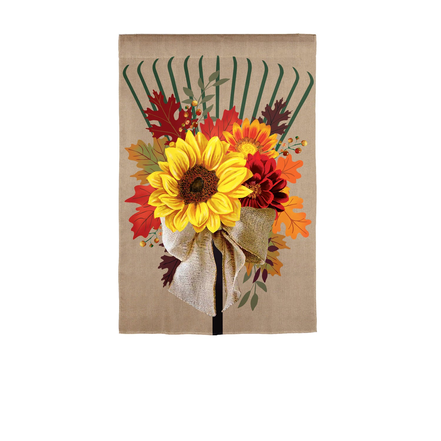 Fall Floral Rake House Burlap Flag