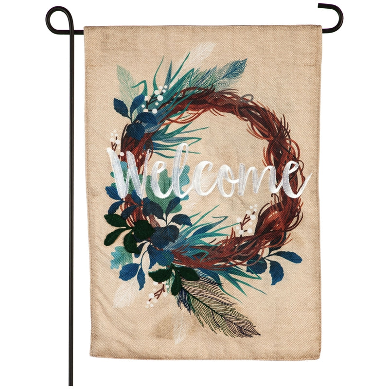 Feathers and Leaves Wreath Garden Burlap Flag