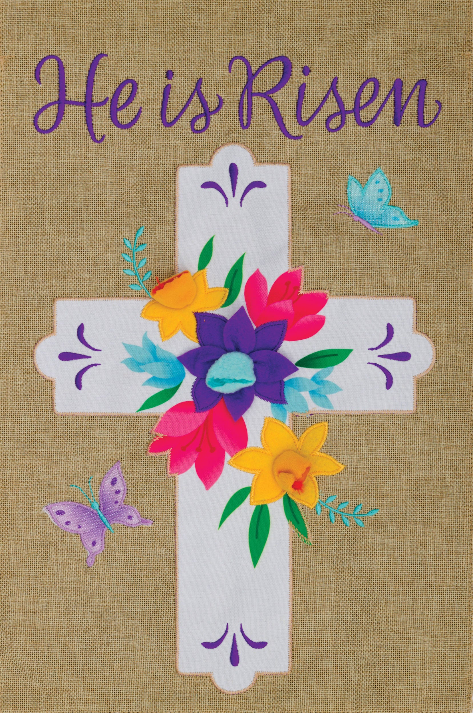 Floral Cross Burlap Garden Flag