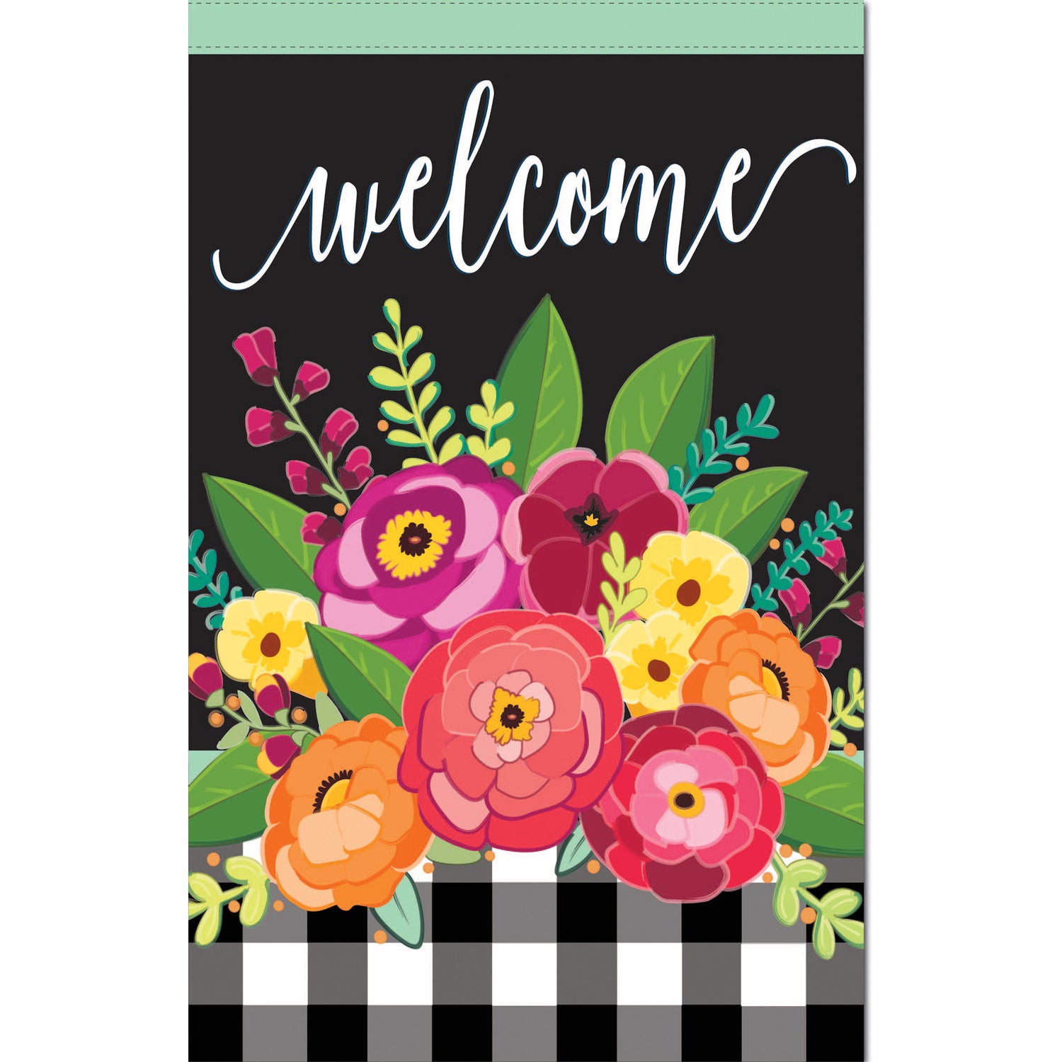 Floral Welcome Check Garden Linen Flag