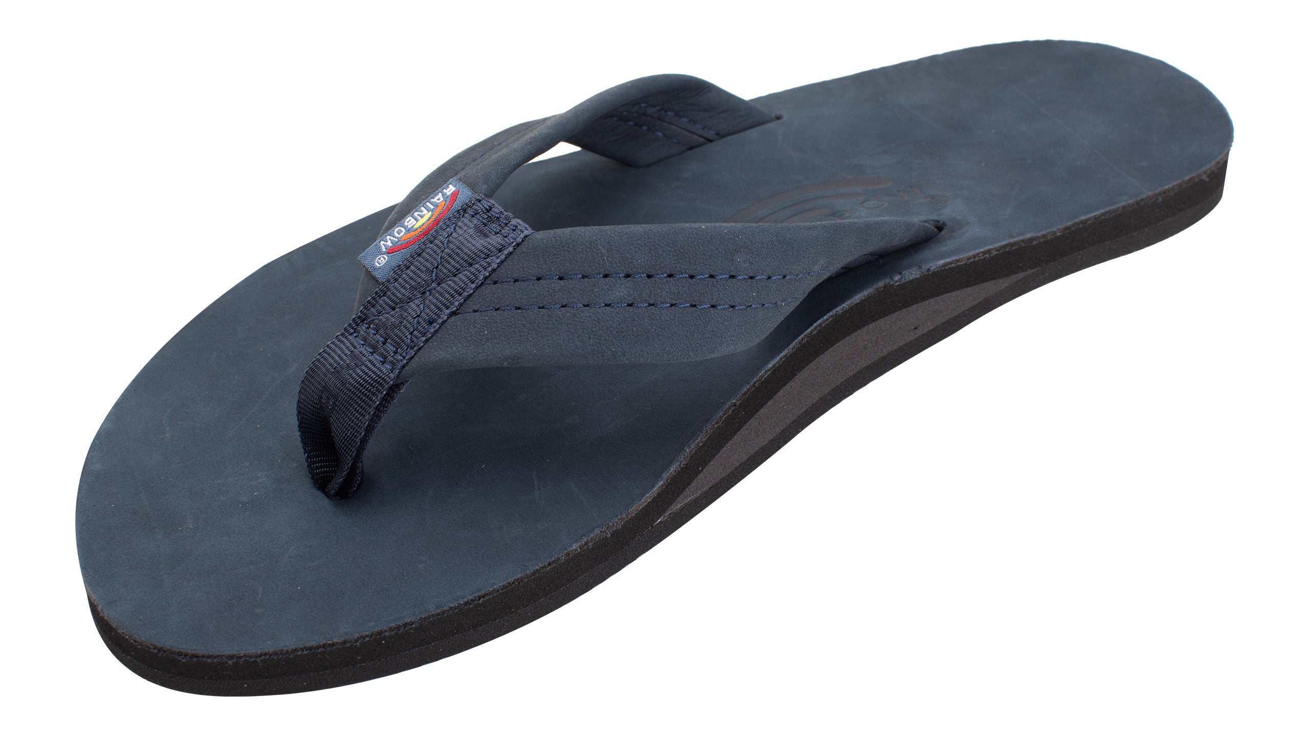 Premium Leather Ladies' Wide Strap Single Layer Rainbow Sandals - Navy