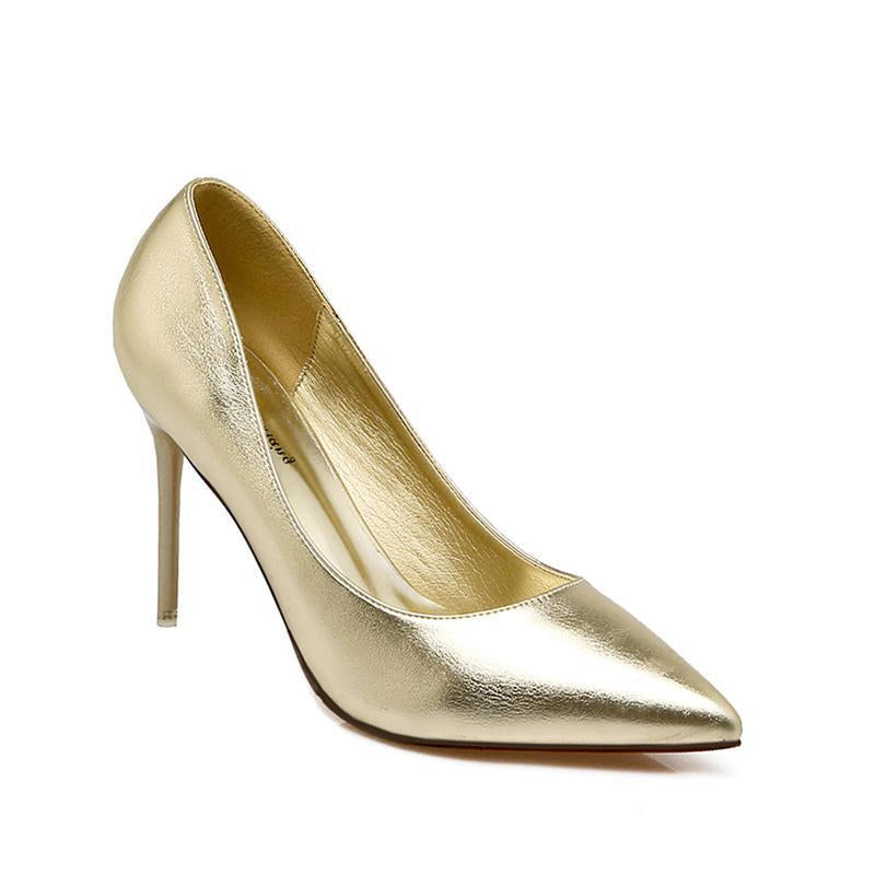 2 3/4 Inch Height Spring Shining Pointed Toe Gold Heels For Women
