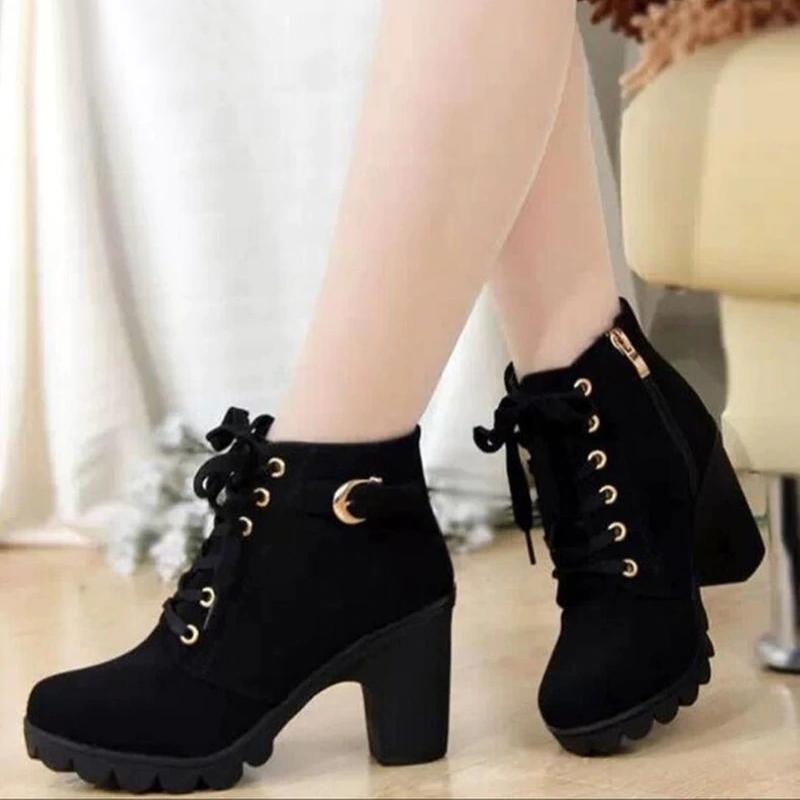 Chunky heel combat boots lace-up ankle boots fashion combat boots for women