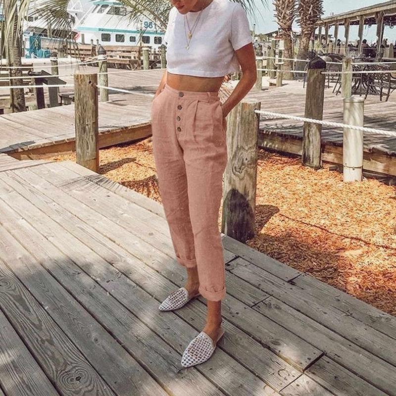 5 Colors Plain Button Pocket Linen Pants