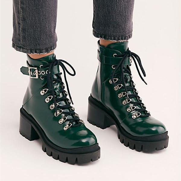 Ankle strap chunky heel platform lace up comabt womens fashion boots