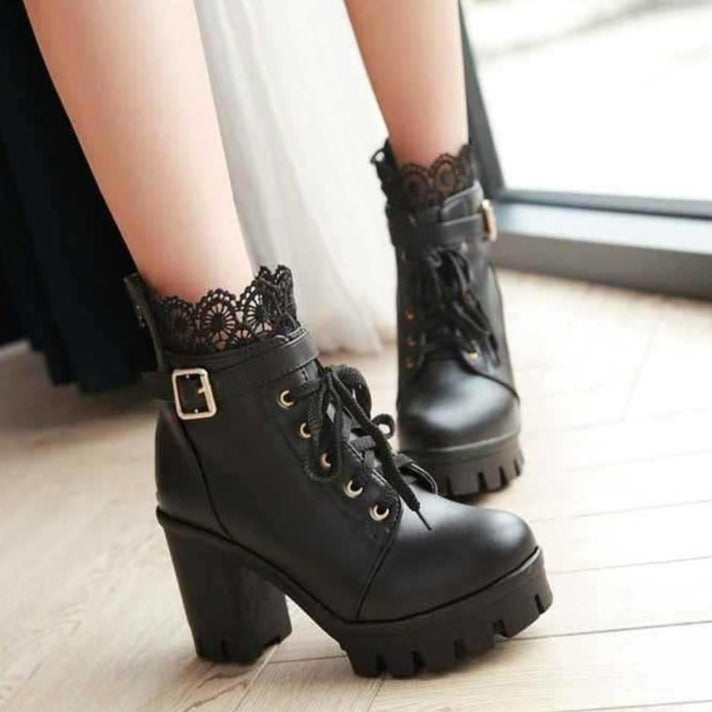 Ankle Strap Laces Chunky High Heel England Style Lace Up Boots