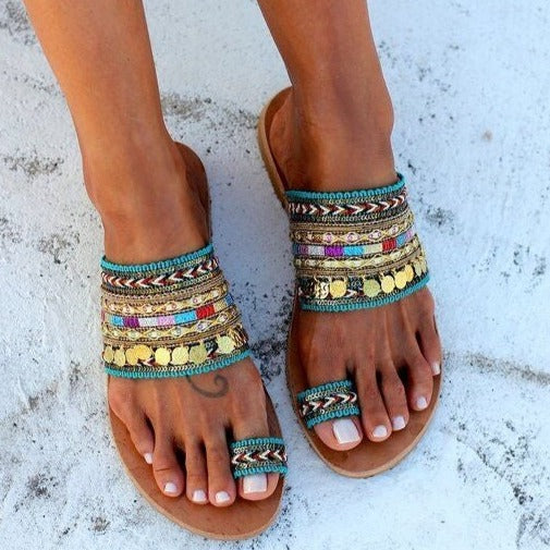 Ring toe beaded sandals ethnic boho sandals for summer holiday