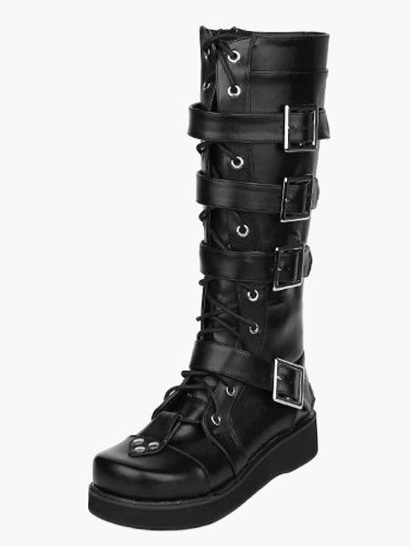 Black chunky platform buckle strap women's motorcycle boots