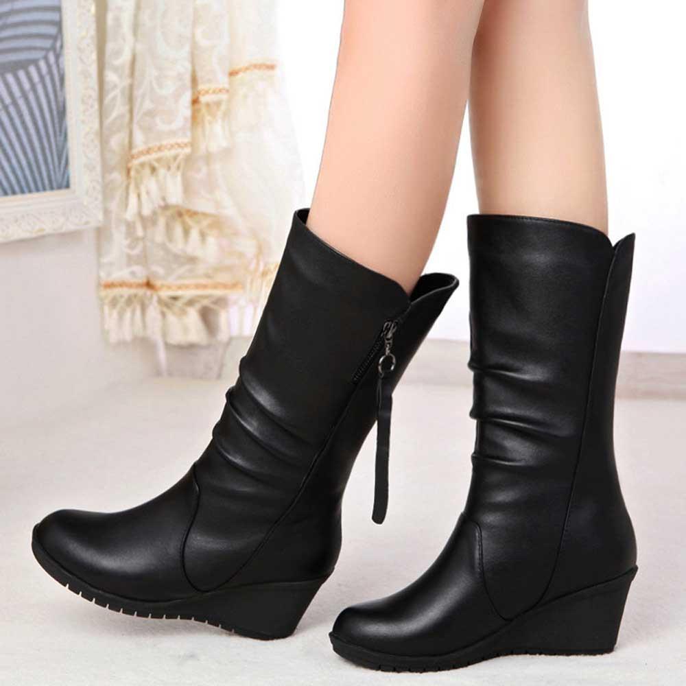 Black mid calf wedge boots winter boots for mom