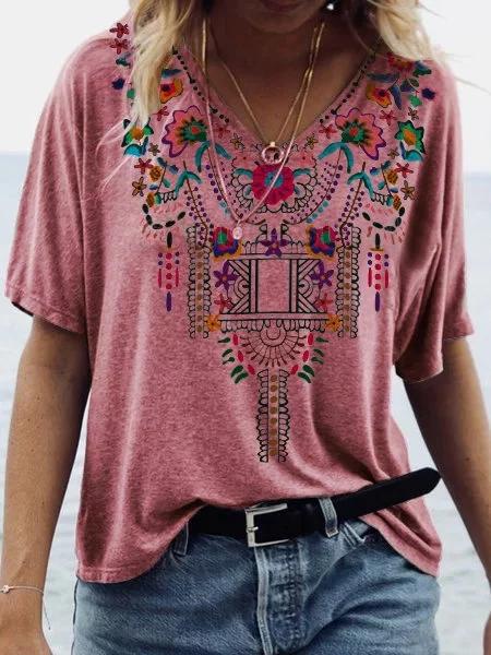 Bohemia Flowers Printed V Neck Women Tops