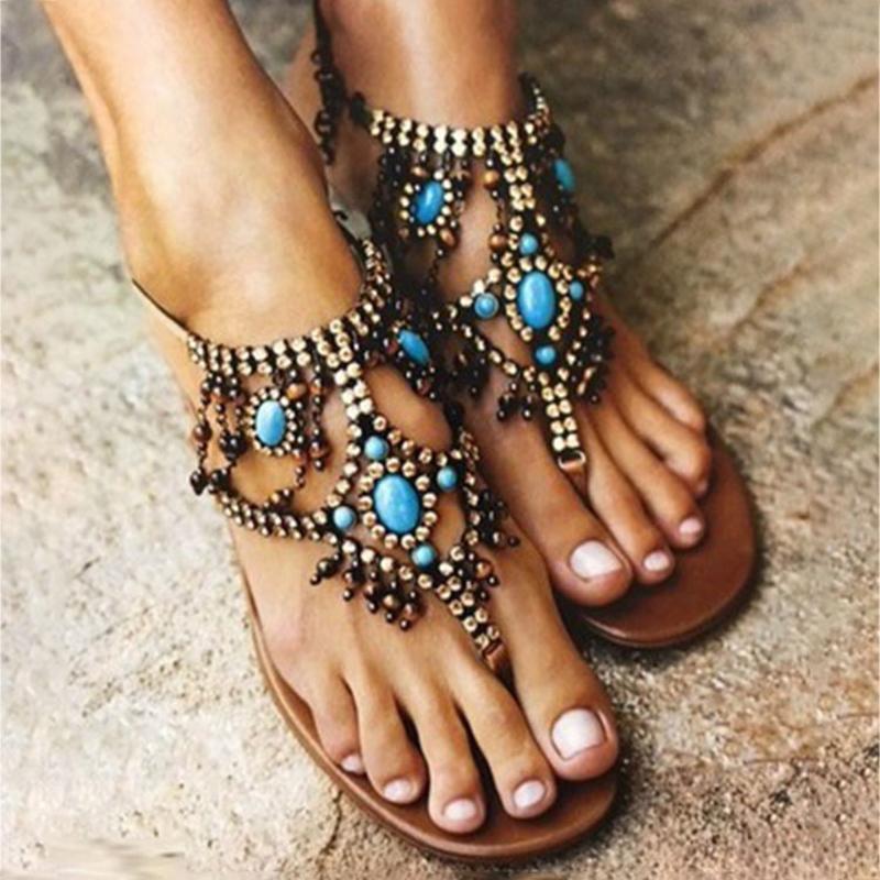 Bohemia Rhinestone Glitter Beads Flat Sandals