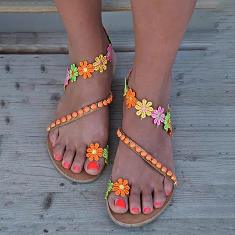 Boho Flower Slip-On Flat Holiday Sandals For Women Summer