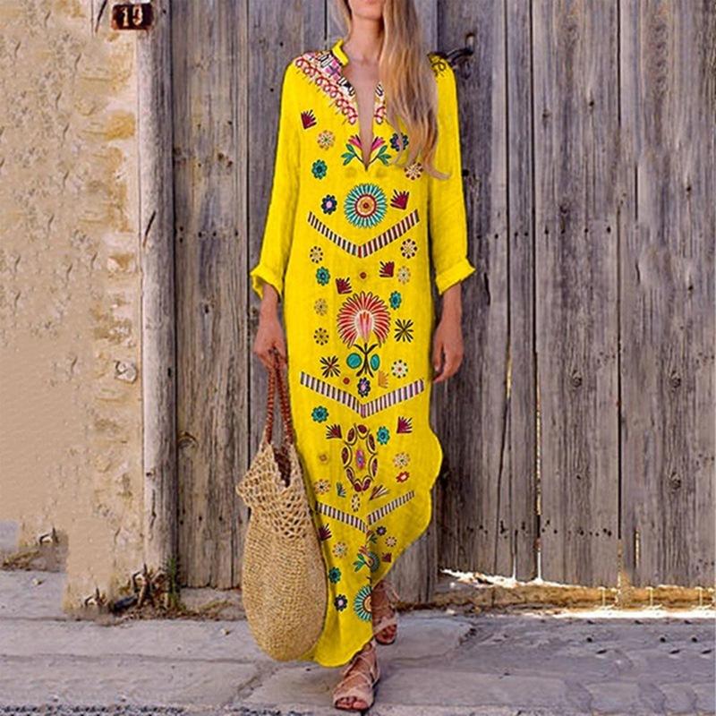 Boho Long Sleeve Sweet Floral Vacation Maxi Dresses