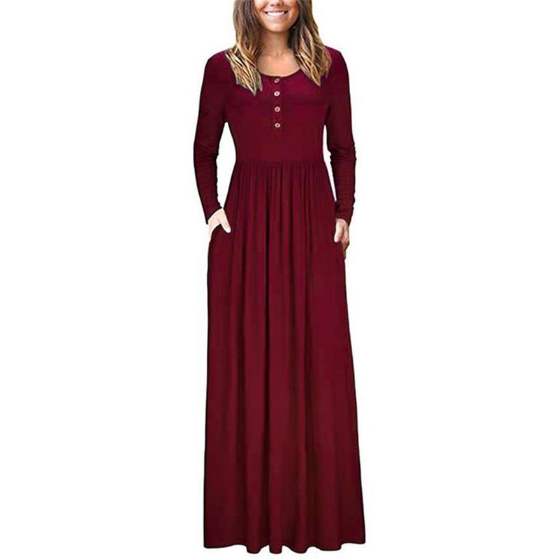 Causal Button Pocket Long-Sleeved Dress