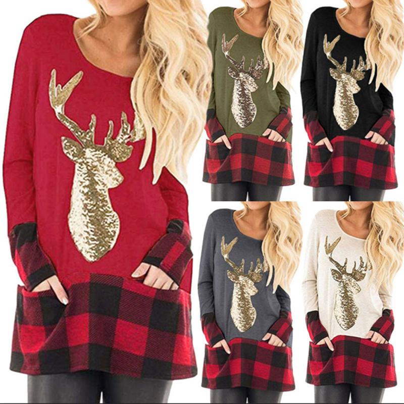 Christmas Plaid Hot Stamping Reindeer Paneled Women Tops