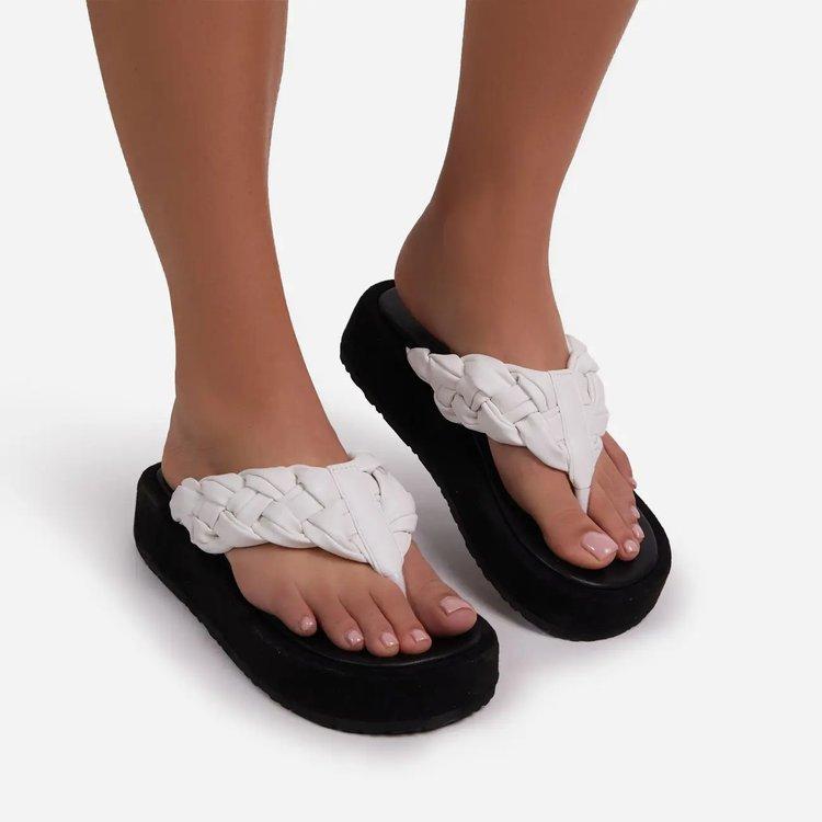 Chunky platform woven strap flip flops for women