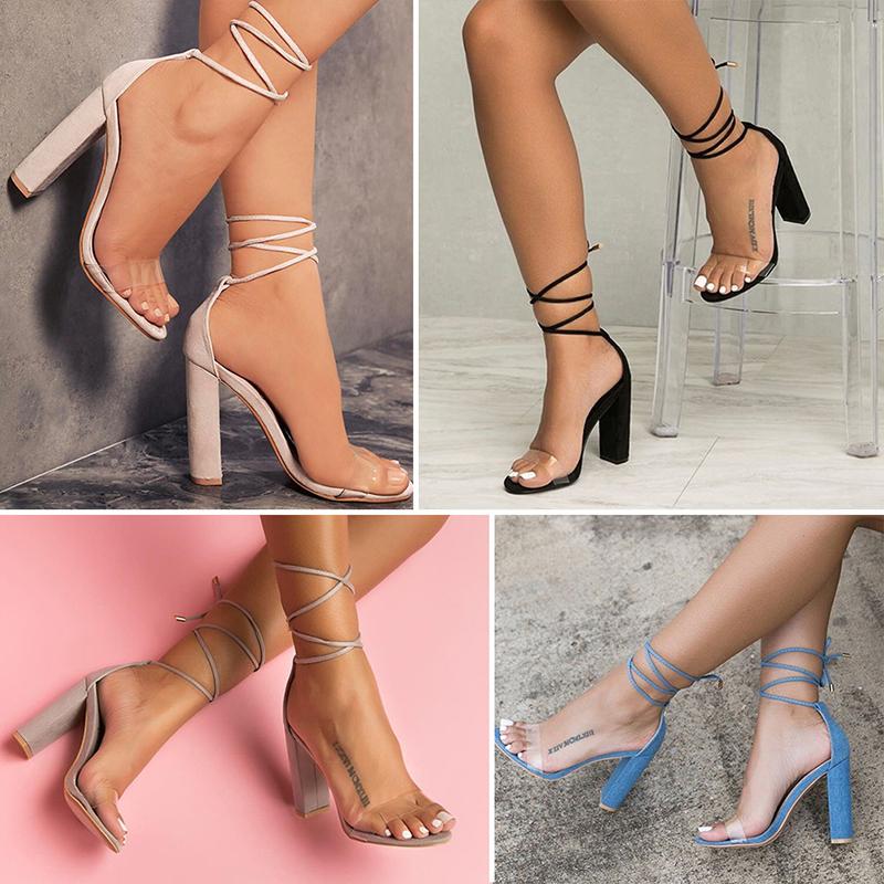 Ankle strappy heels lace up heels high chunky heels