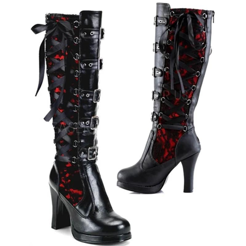 Black Gothic heeled boots sexy buckle boots punk tall boots heeled motorcycle boots