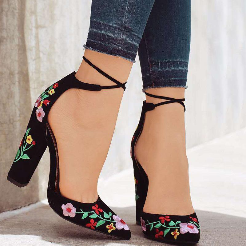 Ankle strap heels embroidery high heels suede pointed toe