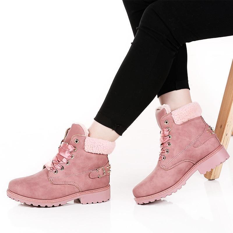 Anti-slip fur lining combat boots lace-up warm winter snow boots for women