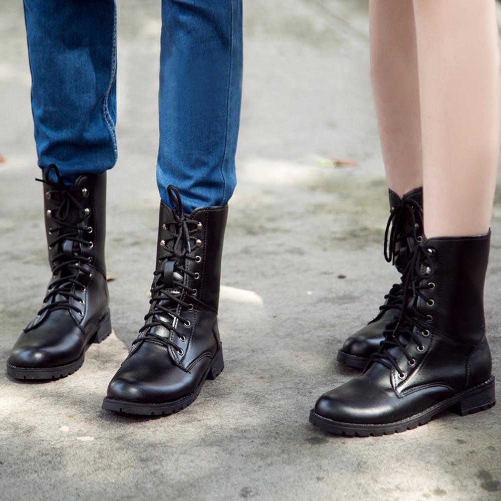 Black combat boots lace-up ankle boots fashion martin boots for women