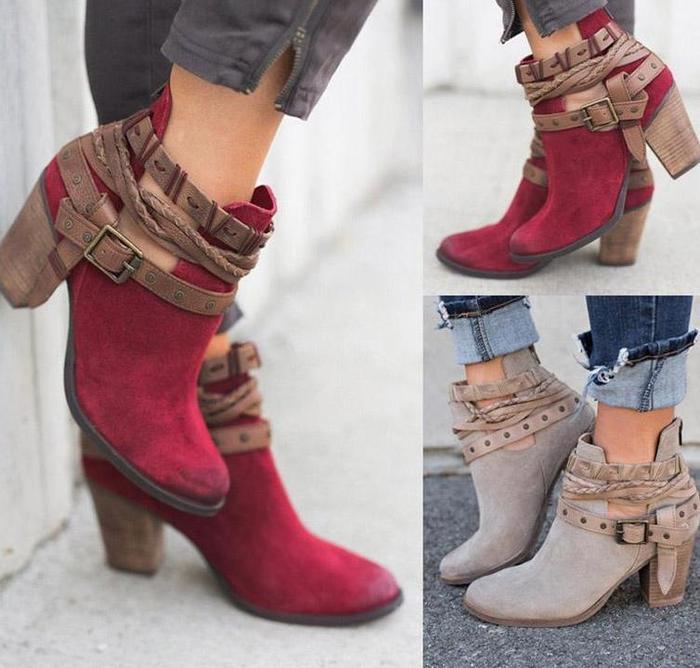 Ankle strap buckle boots chunky heel block heel boots for women