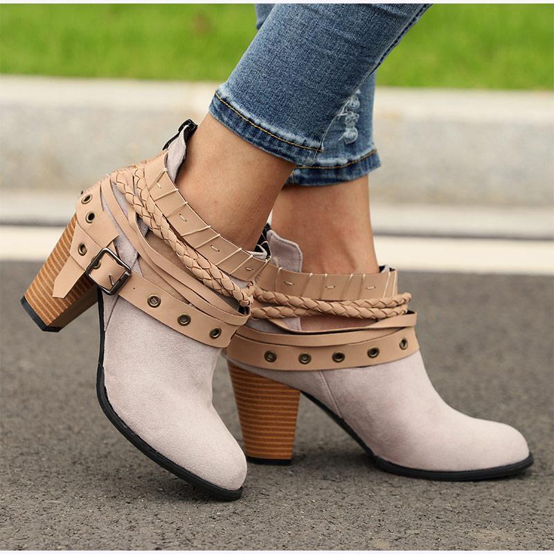 Ankle strap buckle boots stacked heel booties chunky heel boots