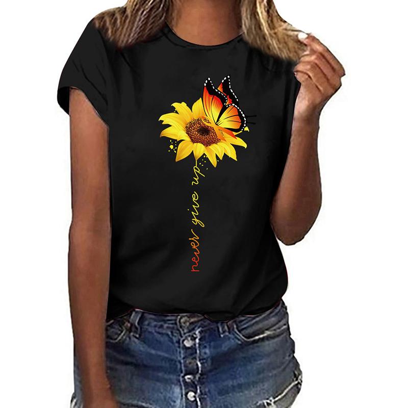 Sunflower Round Neck Short Sleeve Women Shirts & Tops