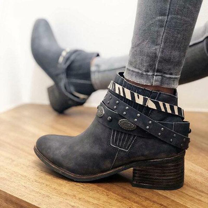 Ankle strap boots block heel ankle boots for women retro short boots