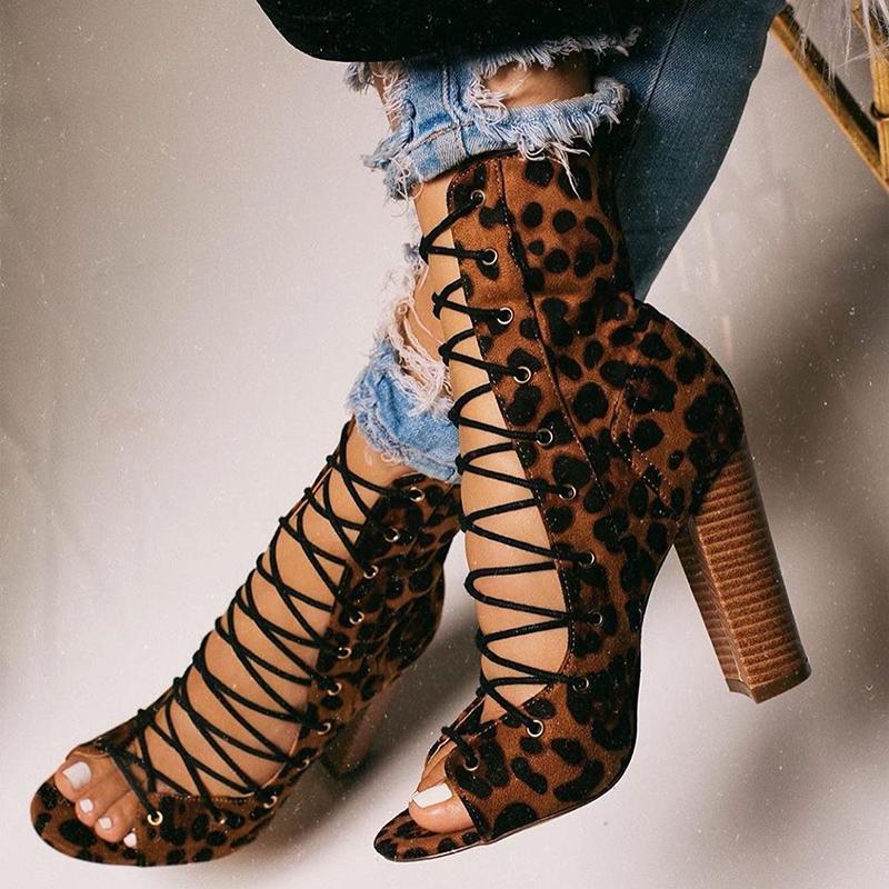 Black boots sandals sexy lace up leopard heels