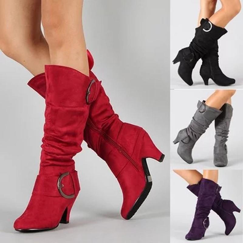 Chunky heel slouch boots mid calf chunky boots with buckles fashion boots for women