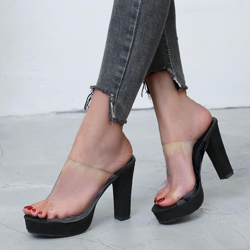 Women peep toe clear strap platform chunky slide heels