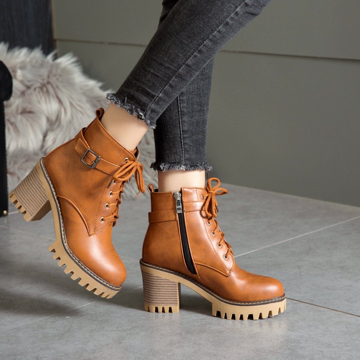 Women platform chunky heel lace up buckle strap ankle boots