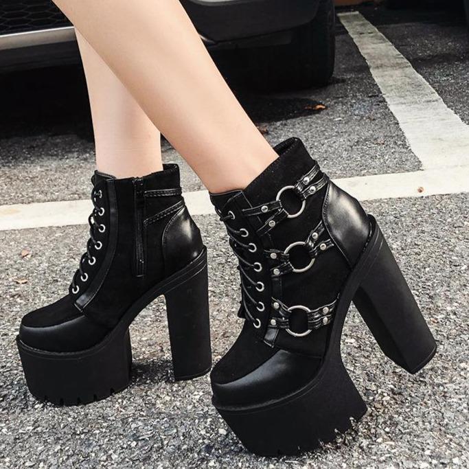 Women platform chunky heel lace up prom punk black boots
