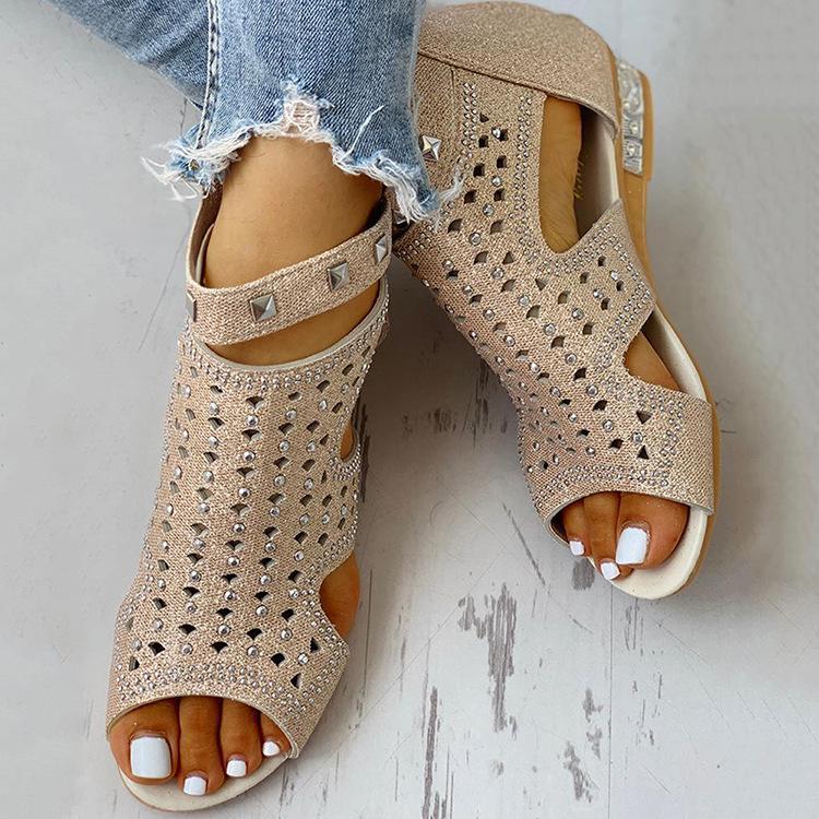 Women wedge low heel peep toe hollow rhinestone sandals