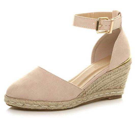 Women wedge espadrille buckle ankle strap closed toe sandals