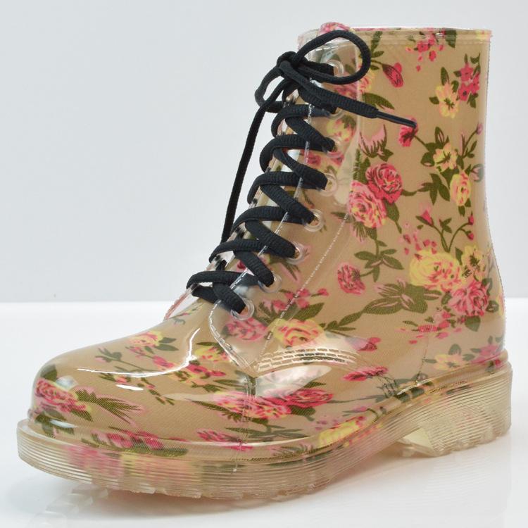 Women's clear flower print anti-slip front lace rain boots