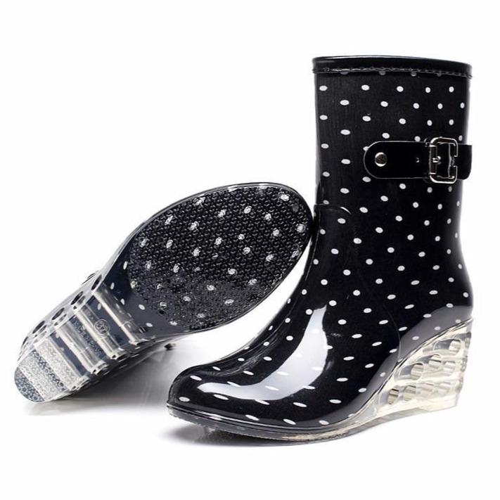 Women's fashion wedge mid calf rain boots clear wedge heel rain boots