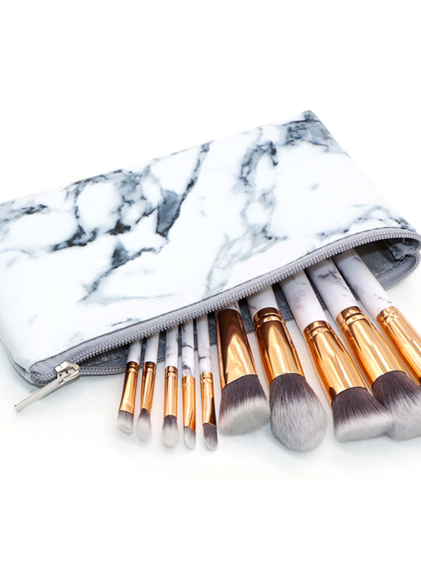 10pcs Marble Pattern Handle Makeup Brush With Makeup Bag